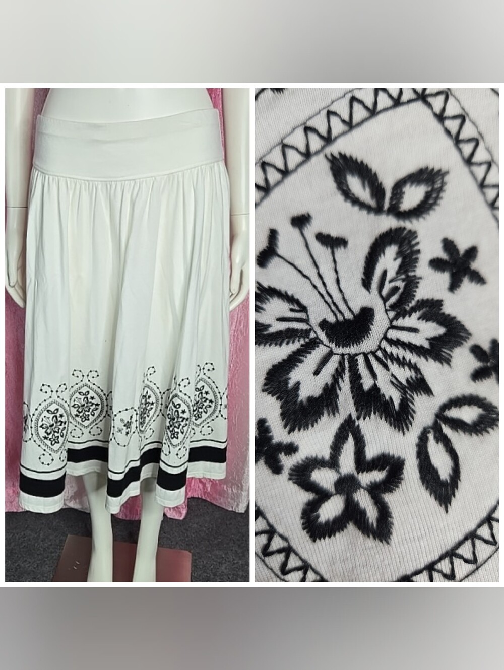 Talbots White Soft Cotton Floral Embroidered Midi Skirt Size Small